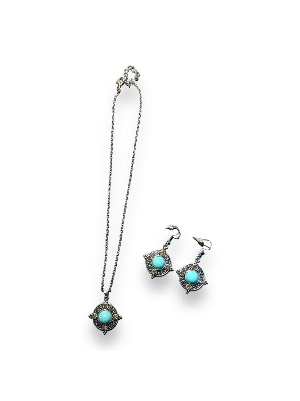 Vintage Look Silver Patterned Rhinestone and Turquoise Necklace and Earrings